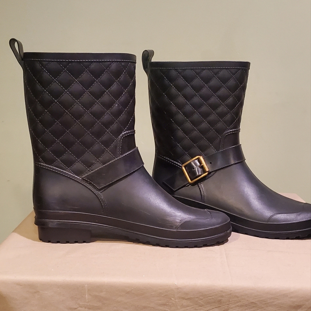 Capelli of New York Quilted Black Rain Boots with Gold Buckle